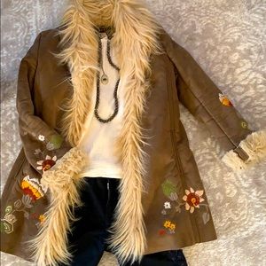 Miss Sixty bohemian embroidered suede and fur coat